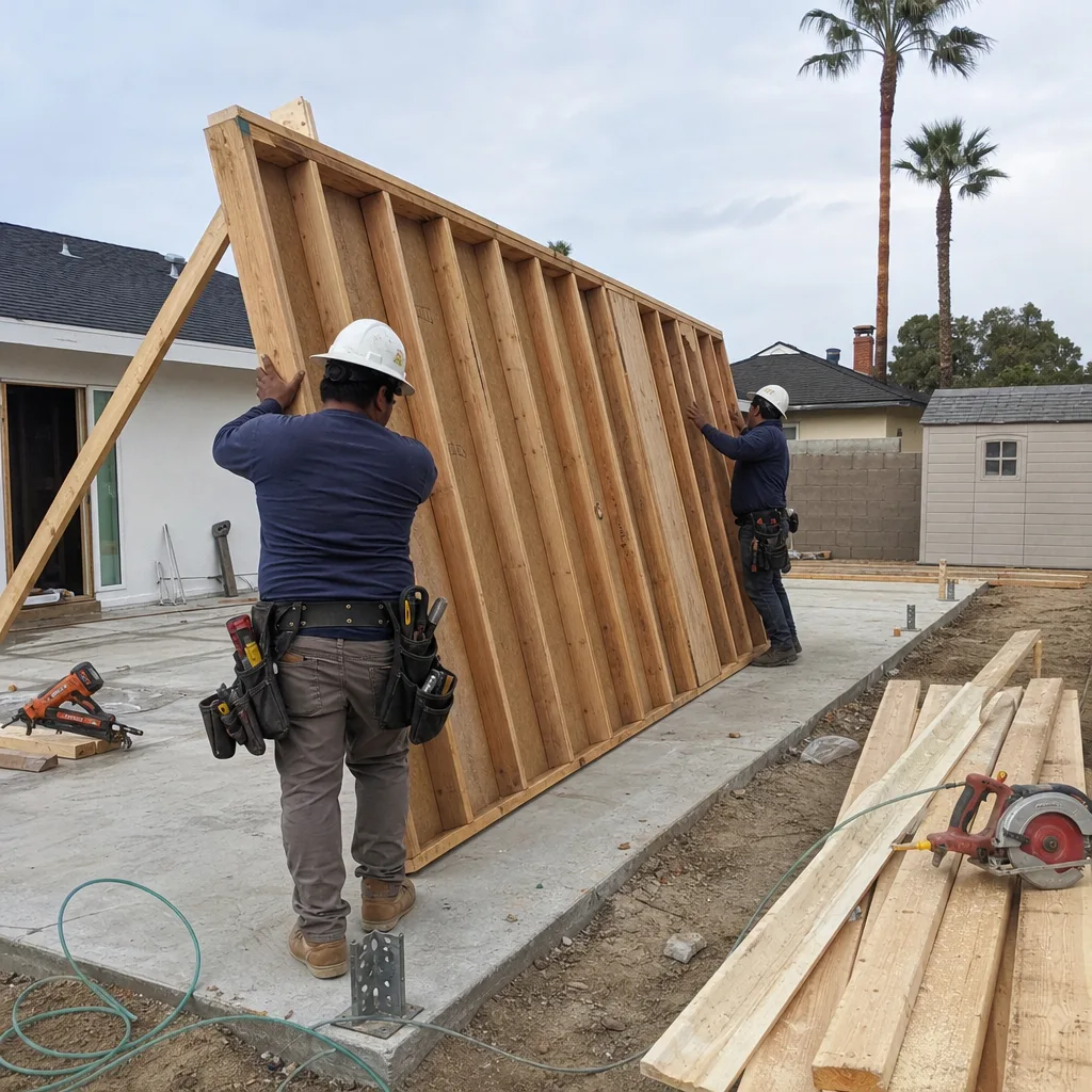 Professional builders framing an accessory dwelling unit wall on a concrete slab.
