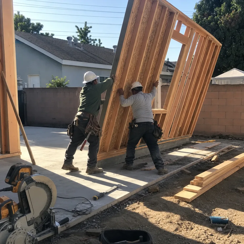 Construction workers lifting a wooden wall frame for an ADU build