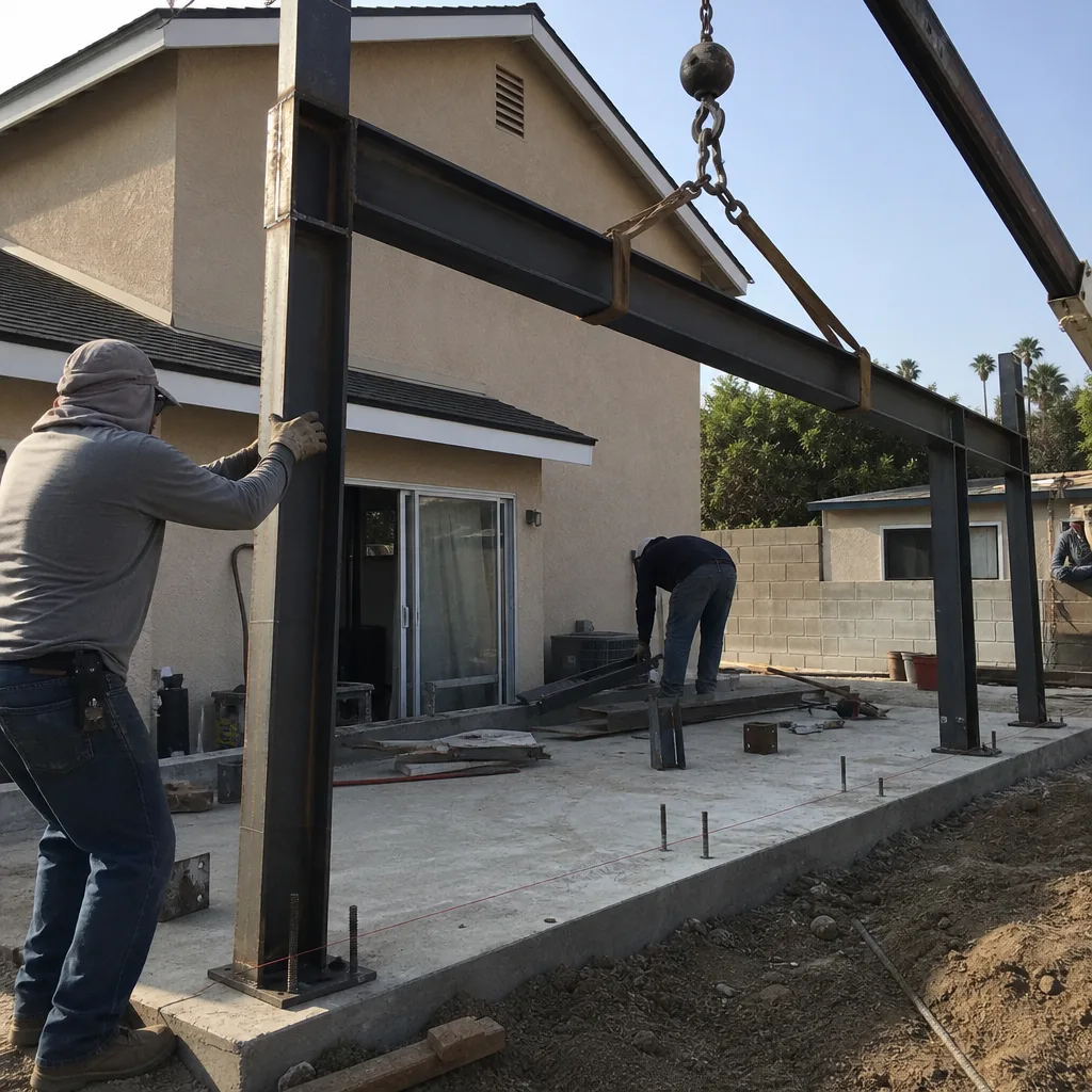 Construction workers installing steel structural beams for an ADU build project