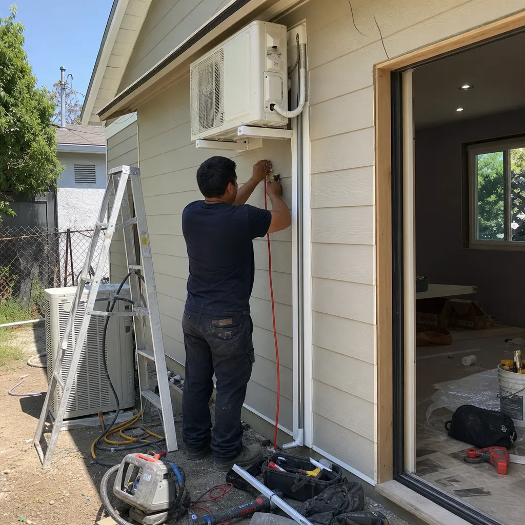 Contractor installing an HVAC unit during a professional garage conversion project
