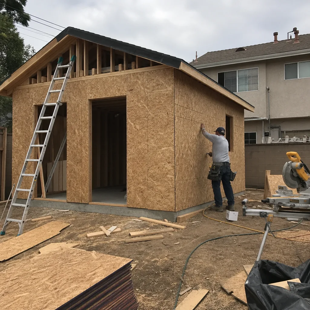 Contractor installing OSB sheathing on a new backyard room addition structure