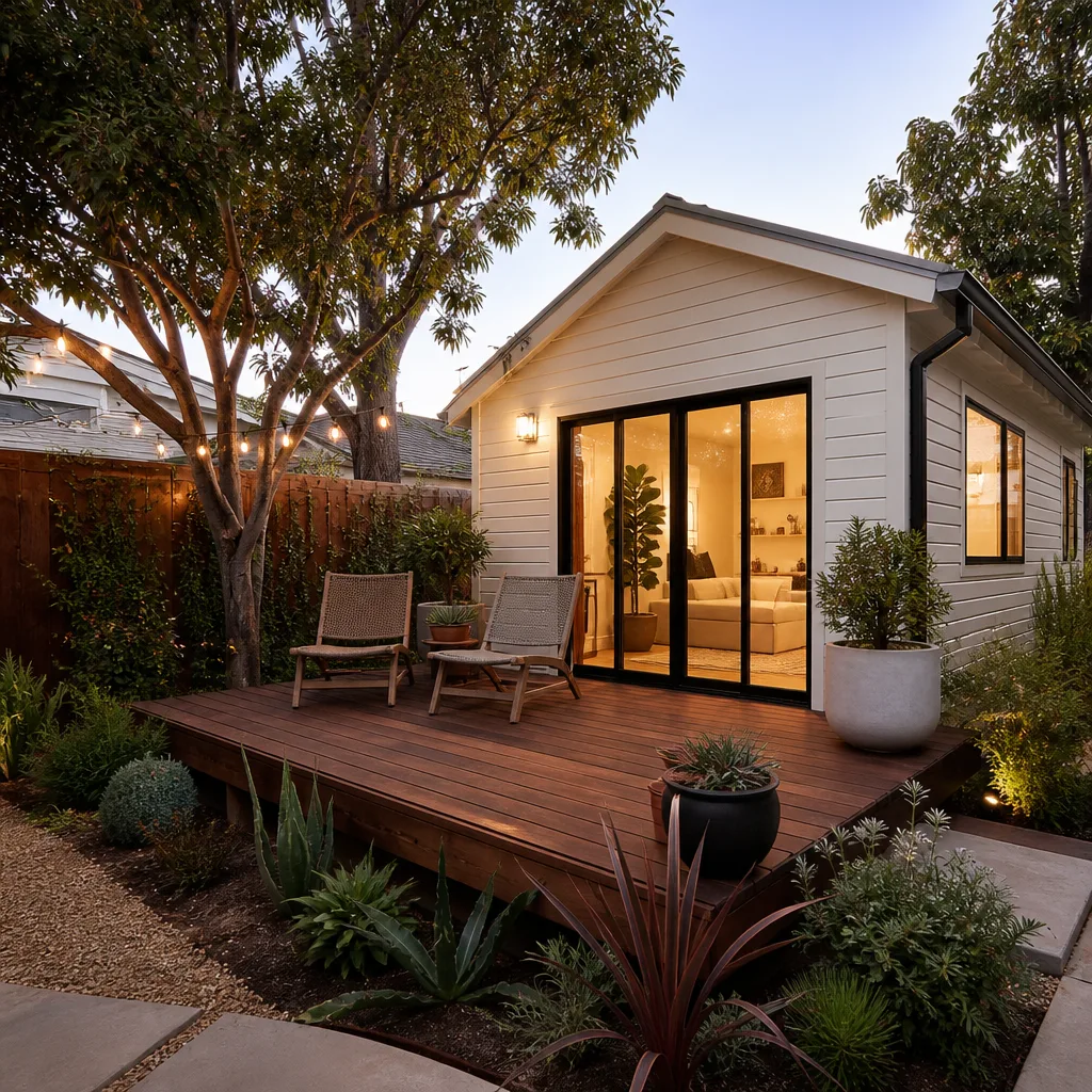 A small deck outside a new ADU