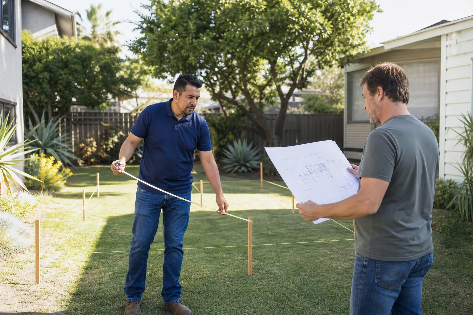 A project lead measuring a backyard ADU site with the homeowner