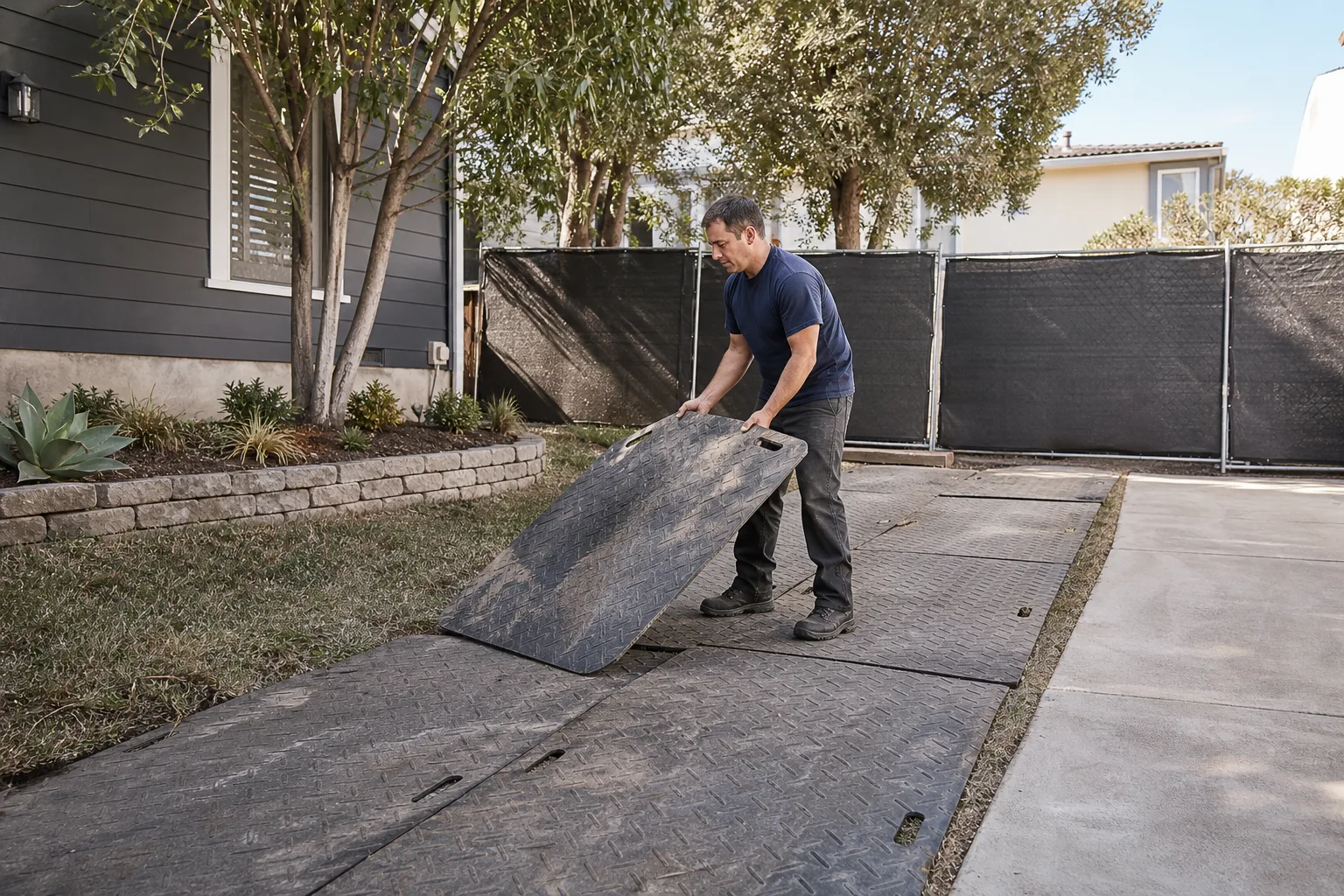 A worker protecting the lawn before an ADU build starts